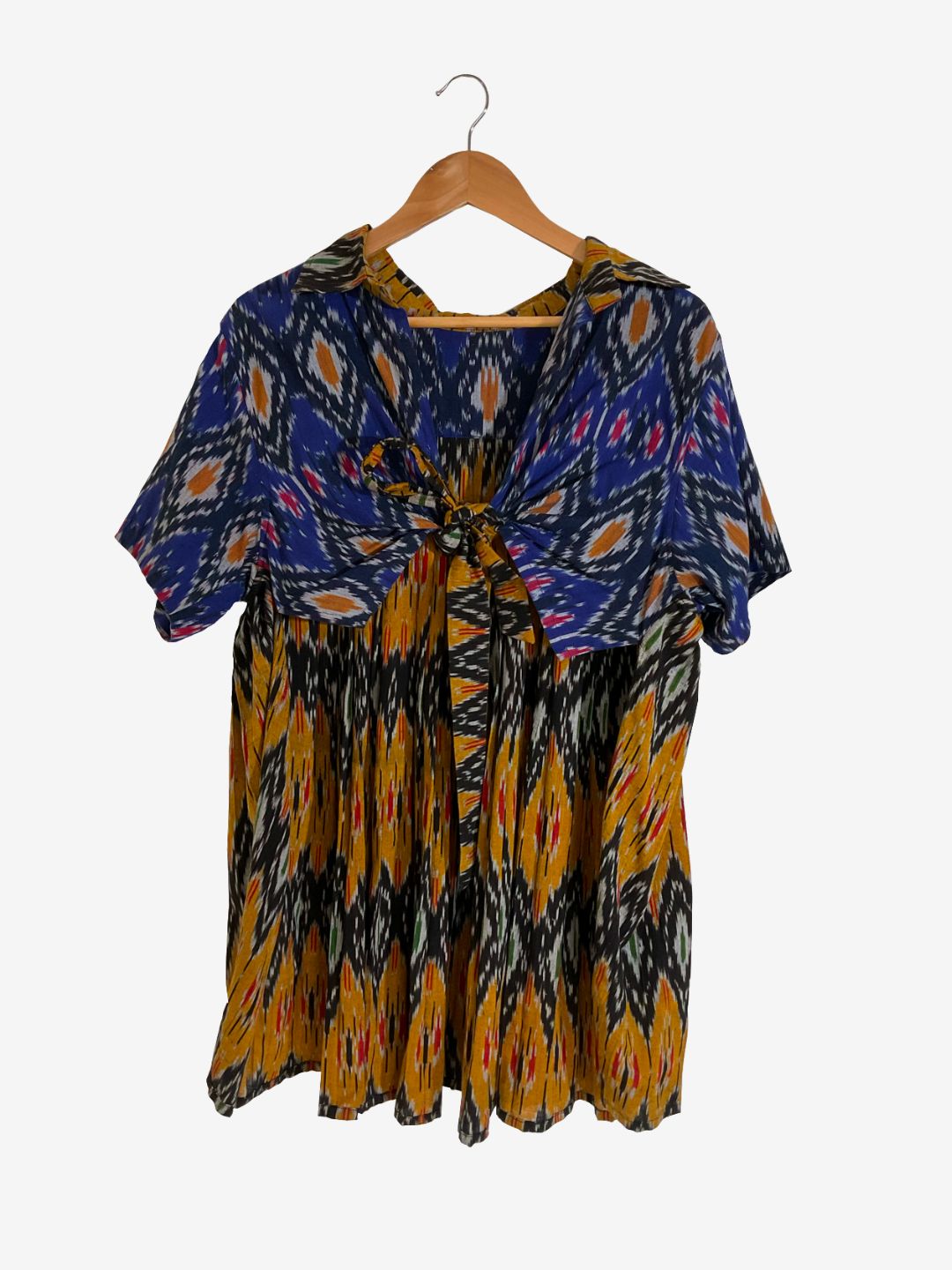 Pleated tie-up ikat shirt